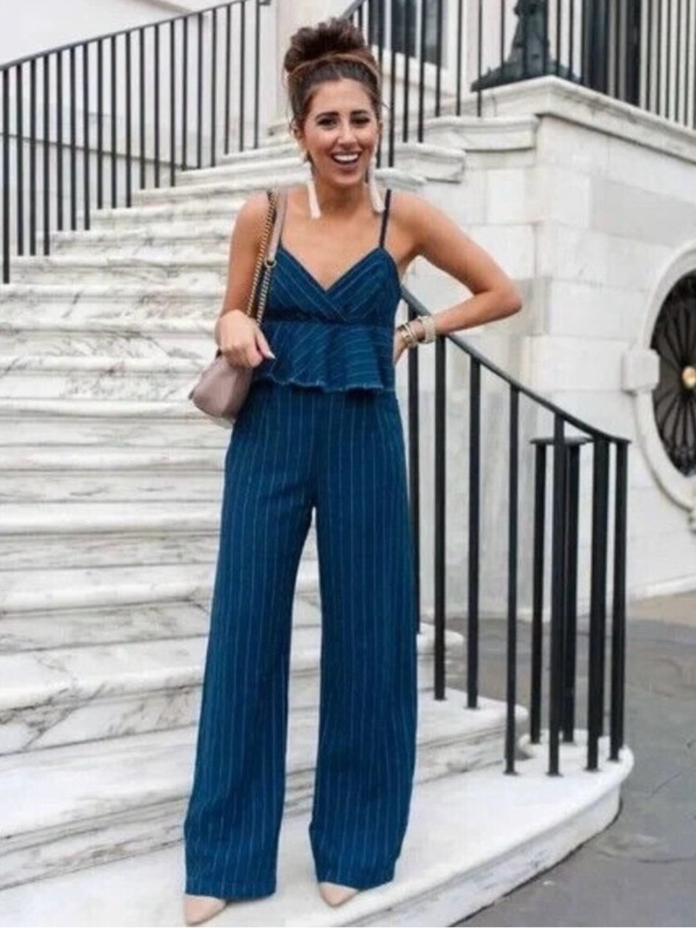 Anthropologie Navy Pinstripe Peplum Wide-Leg Jumpsuit Sz XS